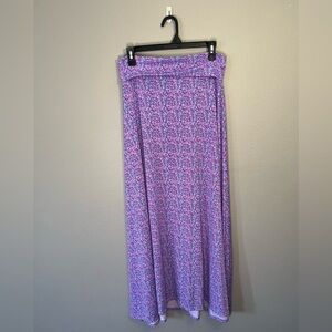 LuLaRoe Maxi Skirt Purple Printed Fold Over Waist Pull on Stretch 90s Print S